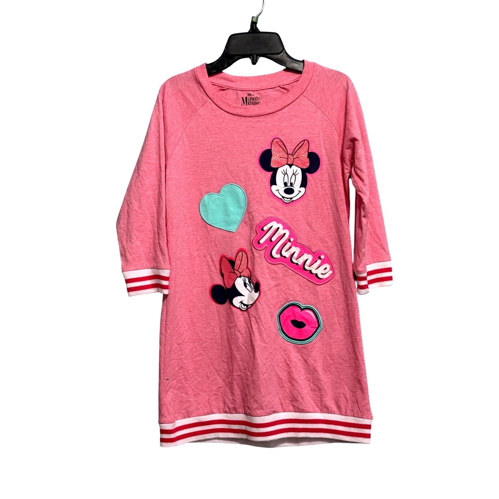 Disney Minnie Mouse Girls Pink Graphic Patch T-Shirt Dress XL 14-16 Striped Trim